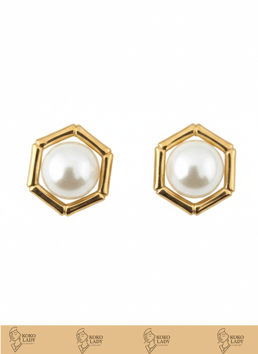 Hexagonal Pearl Stud Earrings